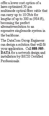 Text Box: offer a lower cost option of a laser-optimized 50 �m multimode optical fiber cable that can carry up to 10 Gb/s for lengths of up to 300 m (984 ft), becoming the perfect alternativesolution to an expensive singlemode system in the backbone. The DataCom Group Engineers can design a solution that will fit your application.  Call 888-505-DATA for a network design and installation by BICSI Certified Professionals.